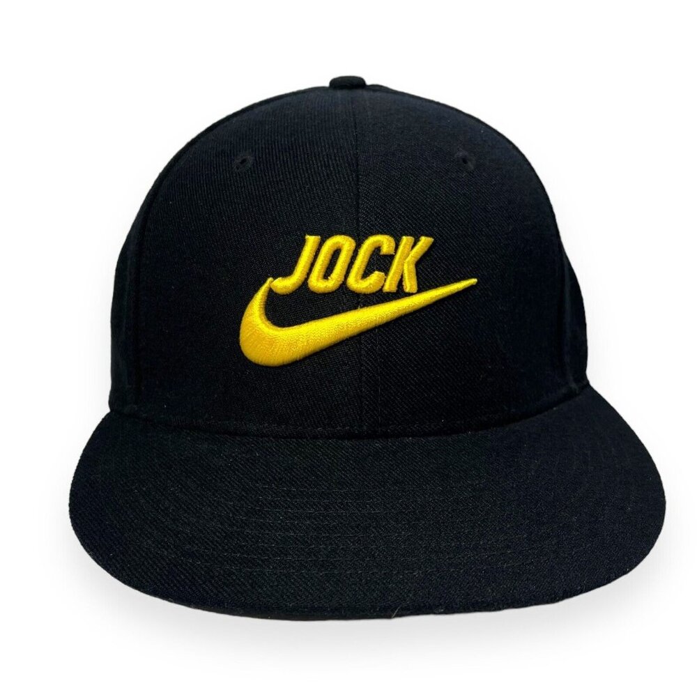 Nike Jock‎ Hat Cap Fitted 7 3/8 Black Gold Swoosh Wool Blend